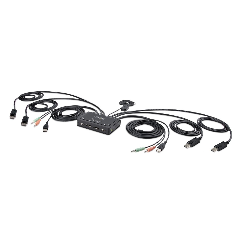 Cable Switch KVM USB-C de 2 Puertos - 4K60 - DisplayPort - Cables Integrados de 1,2m USB-C/Audio - Alimentado por el Bus - Conmutado por Teclas de Acceso Rápido